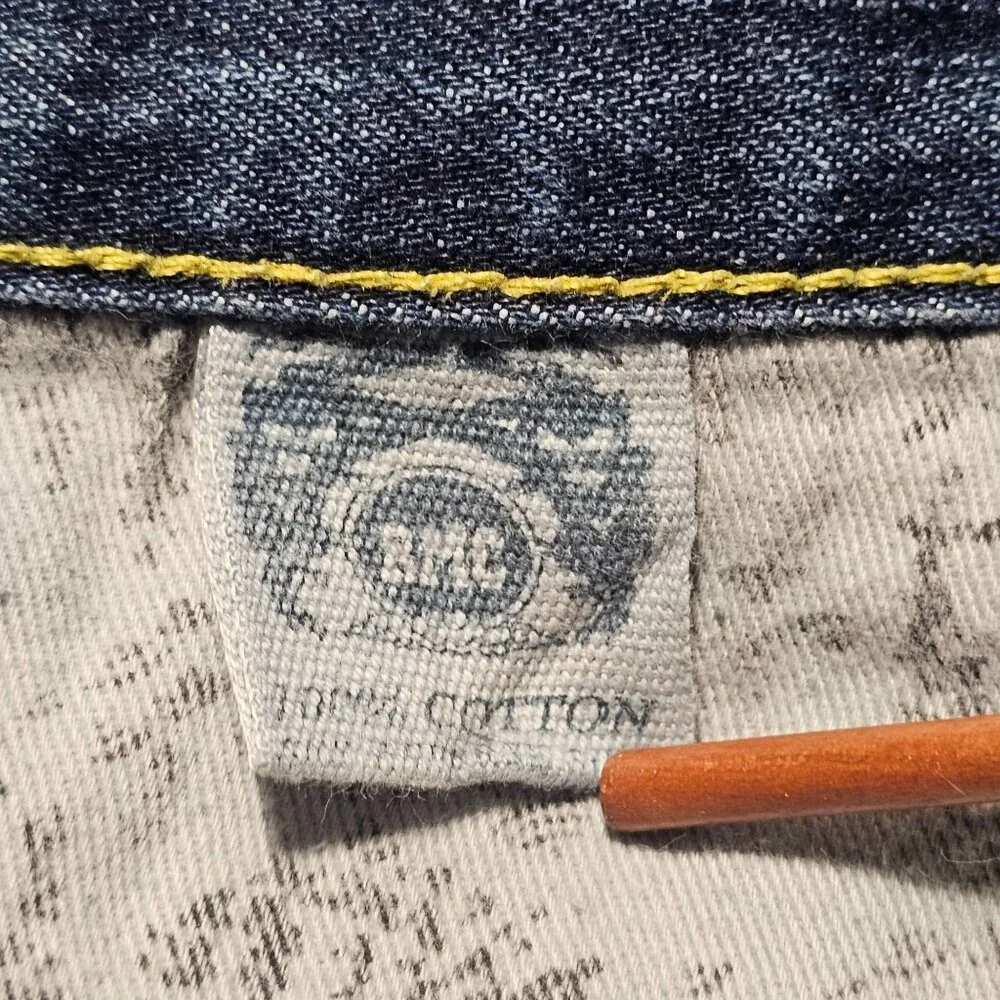 RMC Red Monkey Mens Jean Shorts 38 Denim Button Fly Embroidered Pocket & Hem Y2K